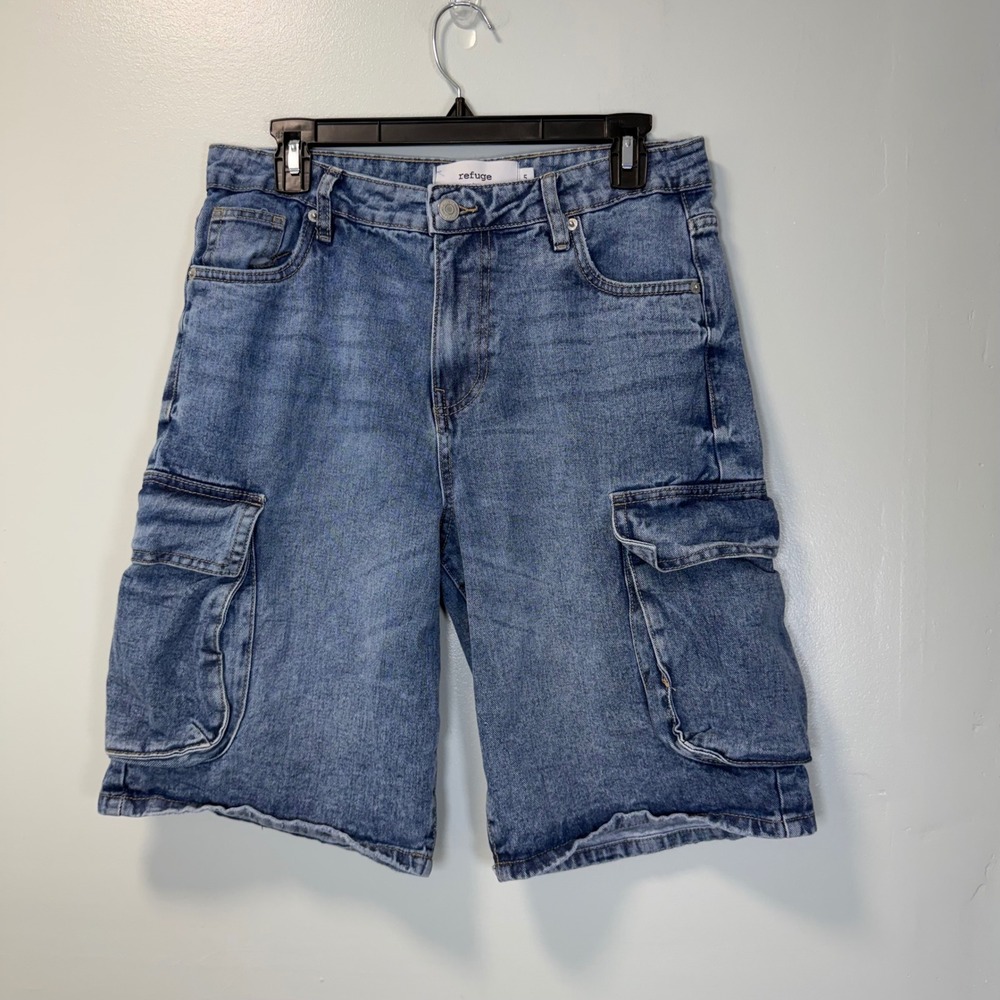 Refuge Womens High Rise Cargo Denim Shorts Medium Wash Blue Size 5 Style 20-751